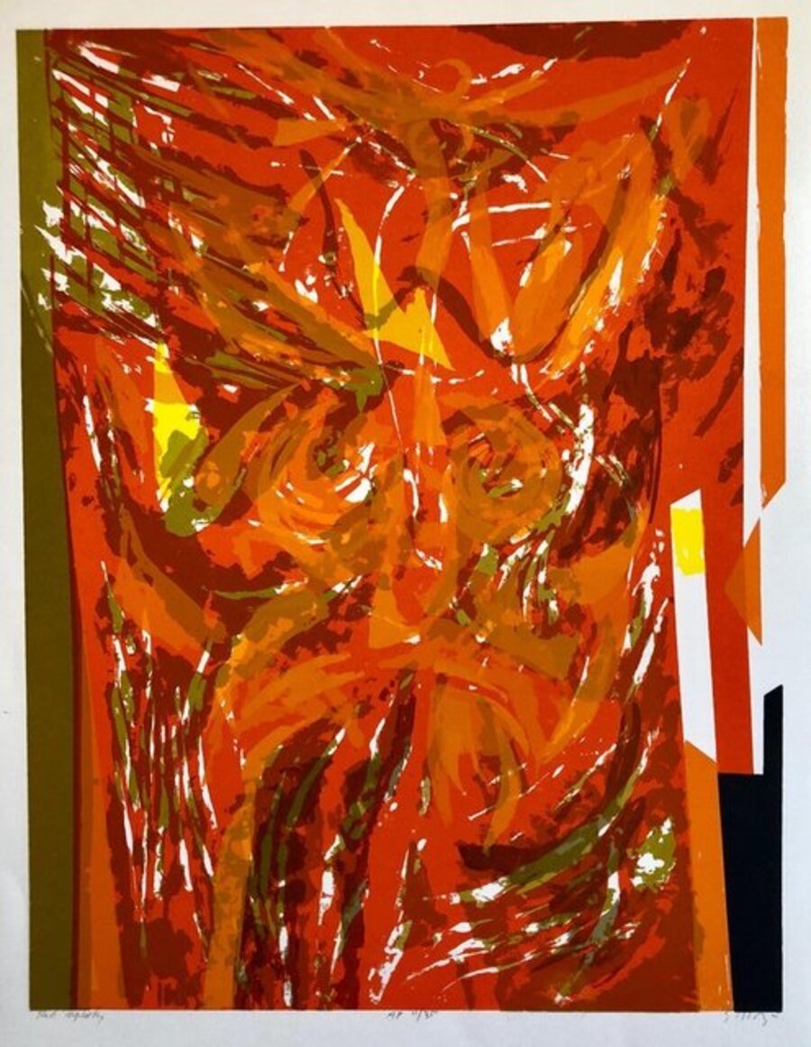 Chinese American Modernist Abstract "Red Tapestry" Color Lithograph