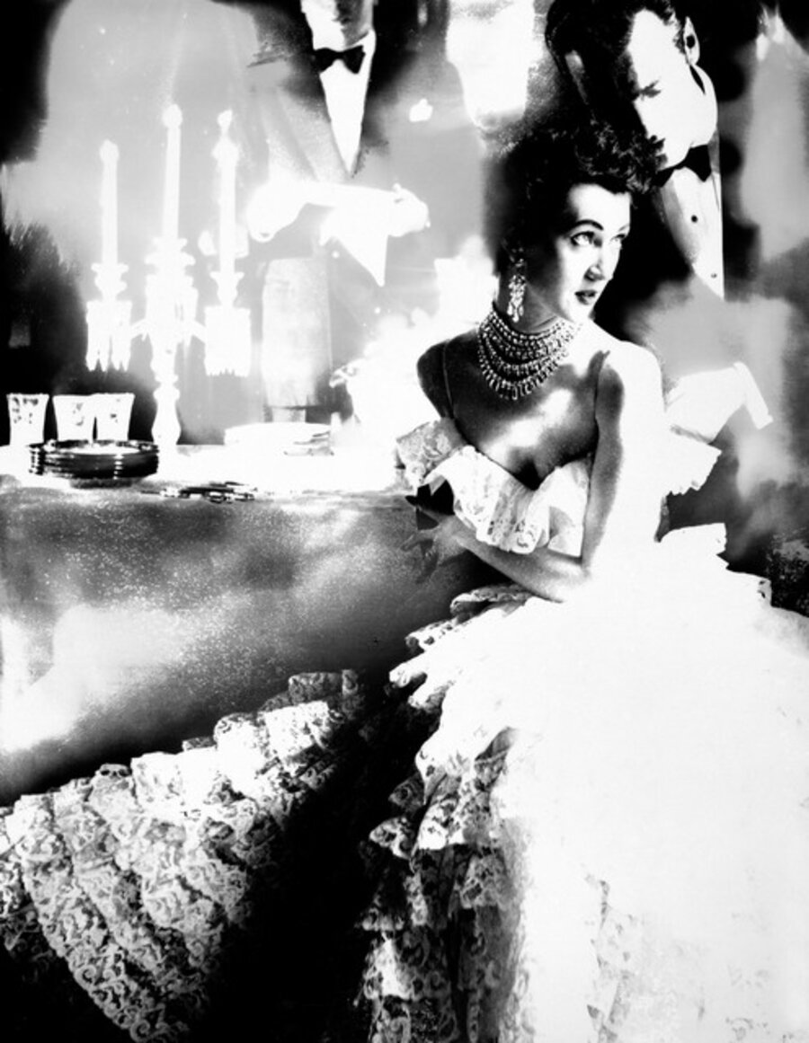 In This Year of Lace, Dovima, Dress by Jane Derby, The Plaza Hotel, New York, Harper's Bazaar, October 1951