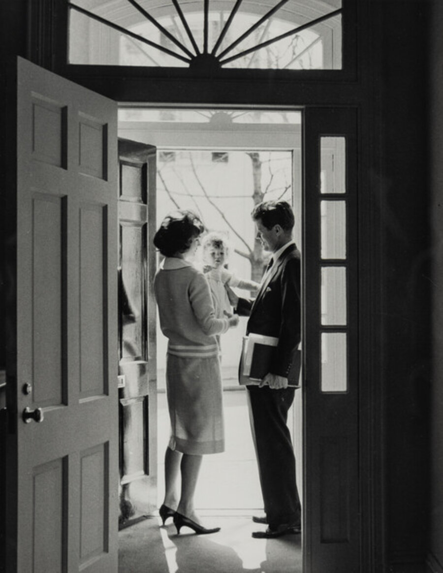JFK with Jackie and Caroline in the Doorway of his Georgetown Home