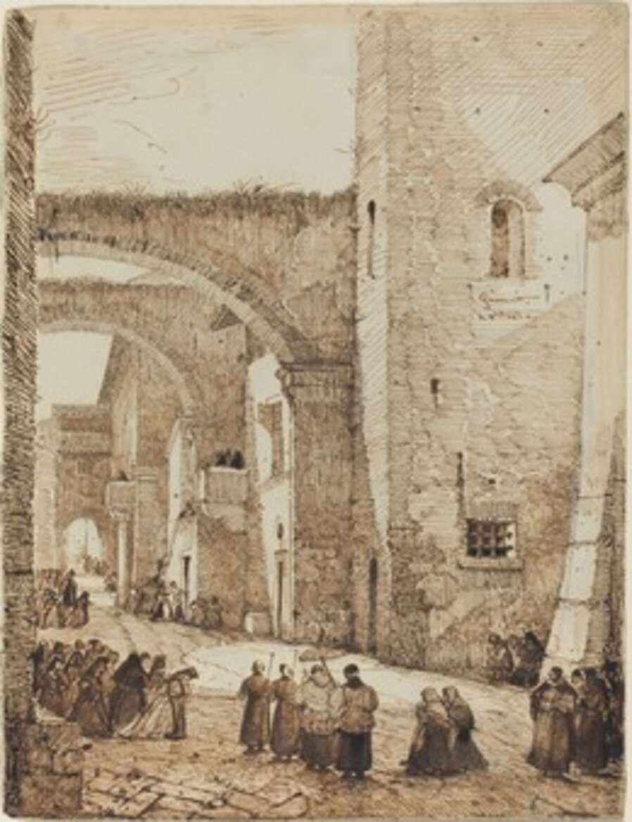 A Priest Processing through a Medieval Street in Viterbo