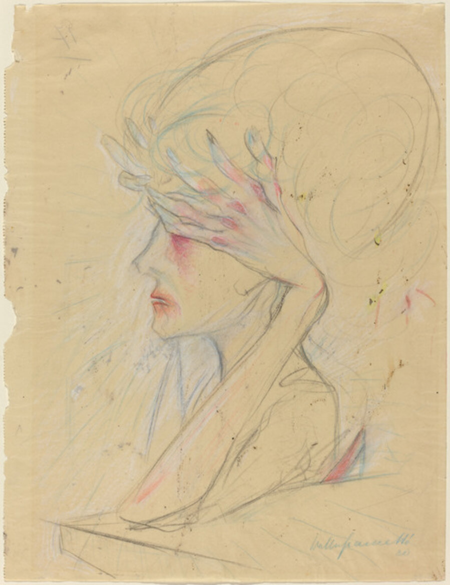 An Elegant Woman with Her Hands Covering Her Eyes