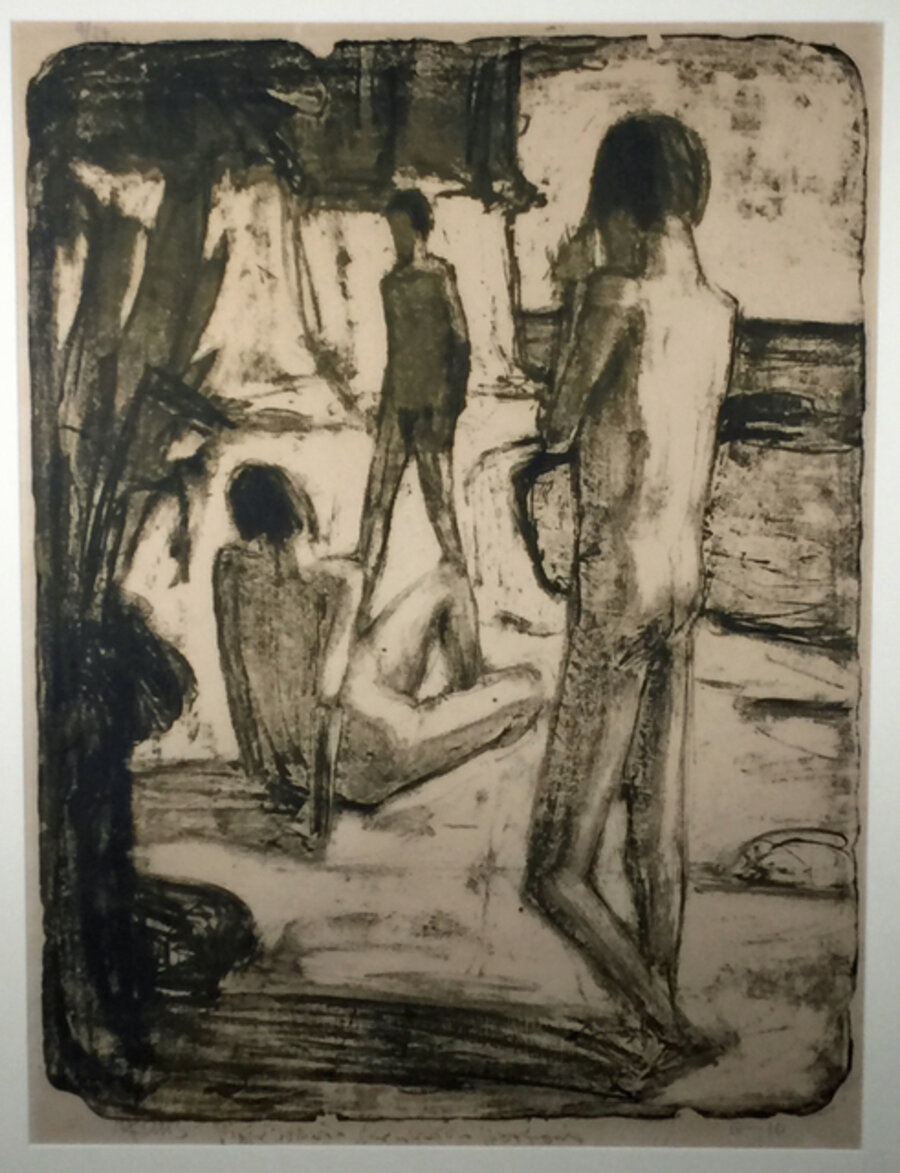 BADENDE MANNER: (THREE MALE BATHERS AT THE SHORE).
