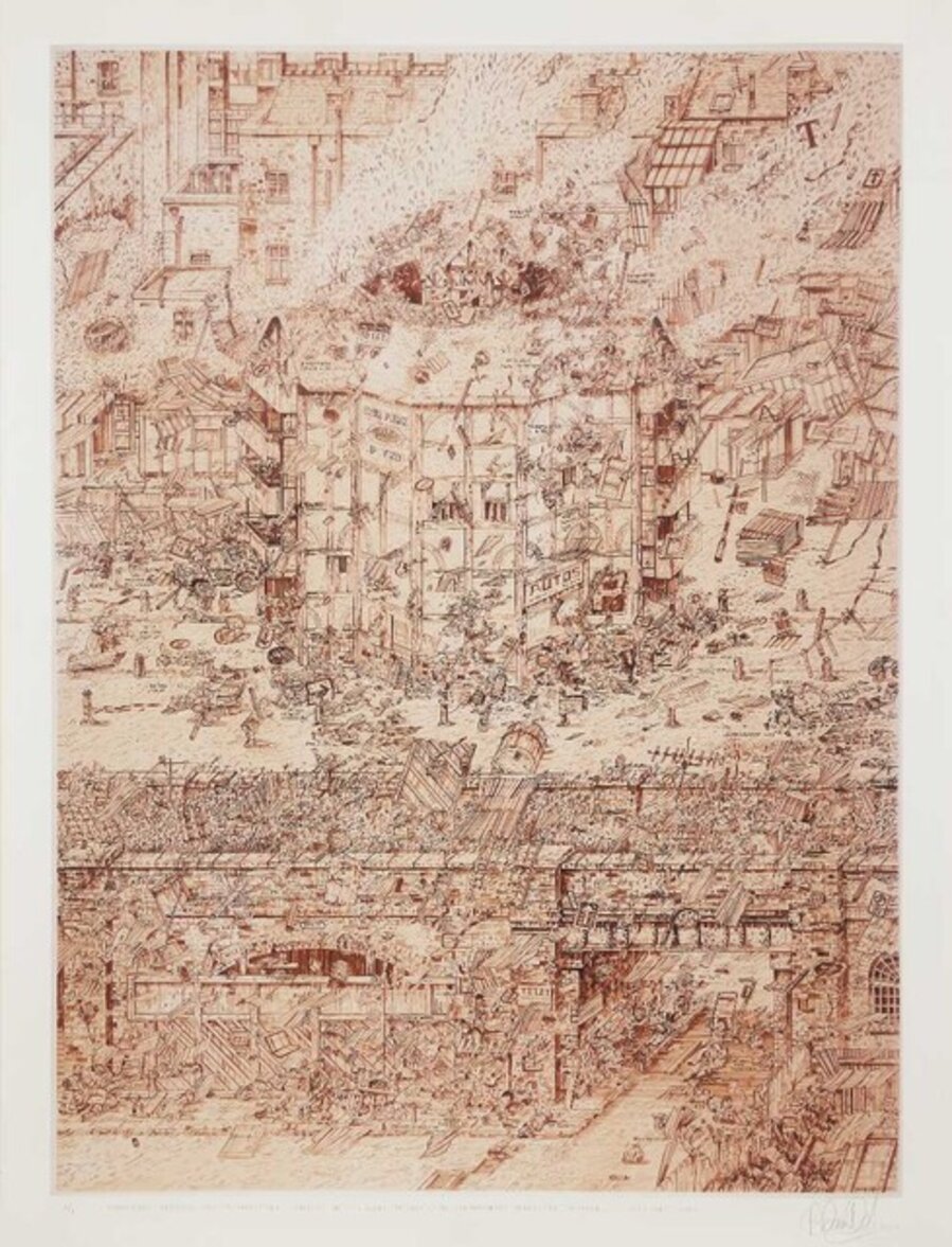 Annotated Artist's Key to Characters Depicted in 'The Globe Re-Located to Contemporary Shoreditch/Holywell'