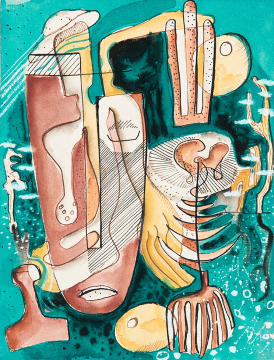 Untitled (Surrealist Composition with Mask and Fish Skeleton)