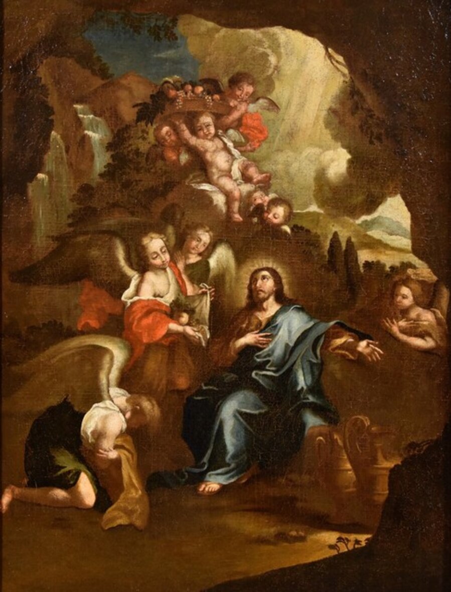 Christ Angels Religious 17th Century Paint Oil on canvas Old master Roman school