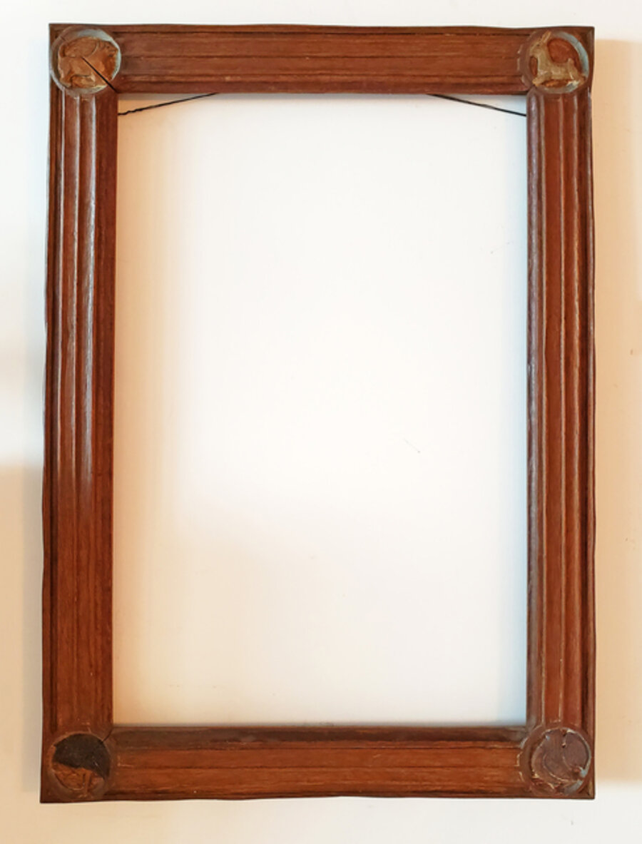 Carved Oak Wood Arts and Crafts Frame with Rabbit, Dog, Bird, Emu Carvings