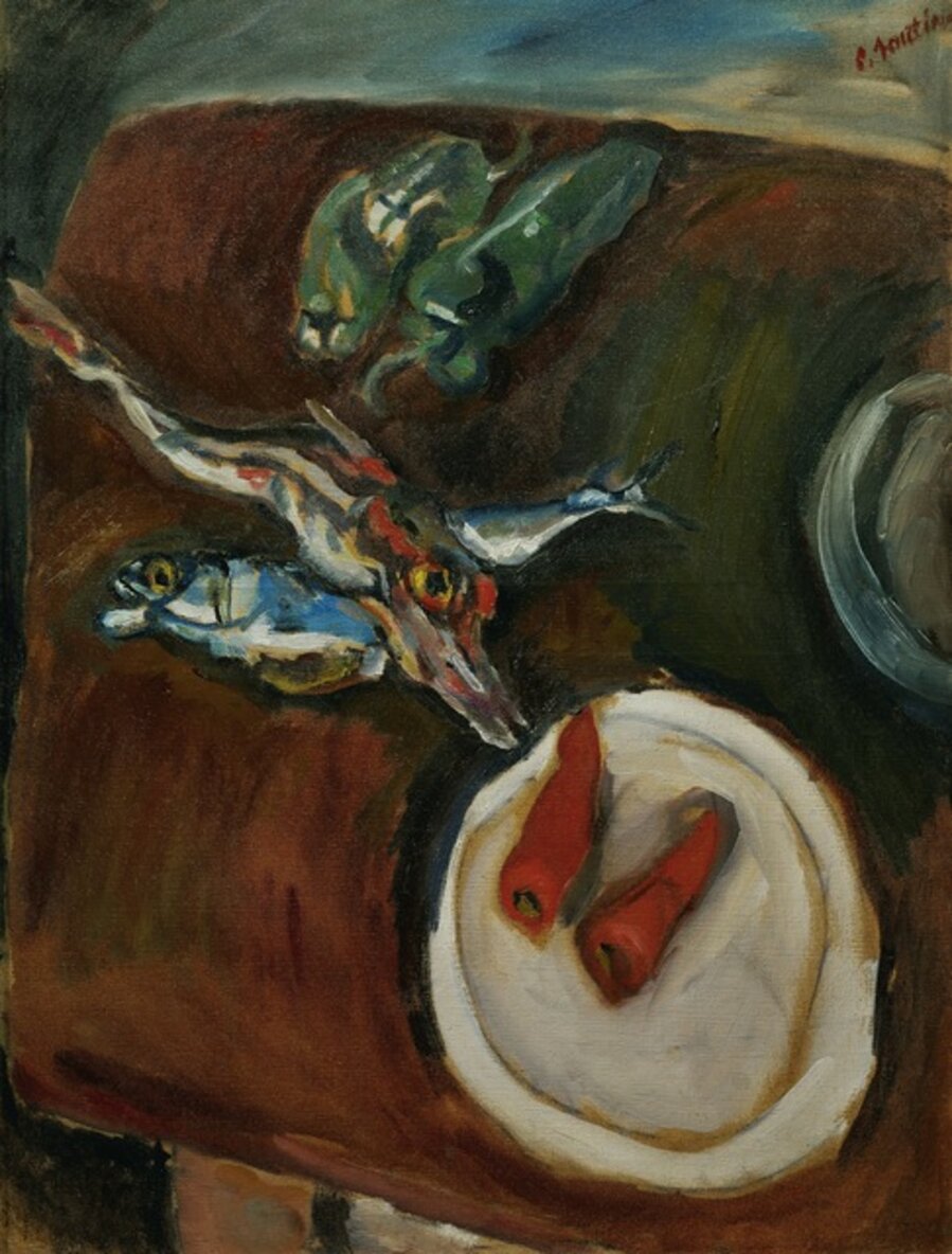 Still-life with fish, peppers and carrots