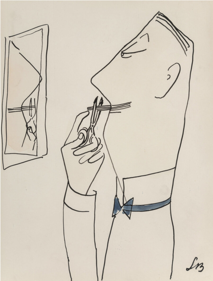 Debonair Man Cuts his Mustache in Front of Mirror