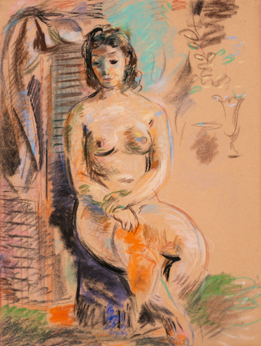 A Group of Three Works: Nude, Nude with Orange Drape, and Vase of Flowers
