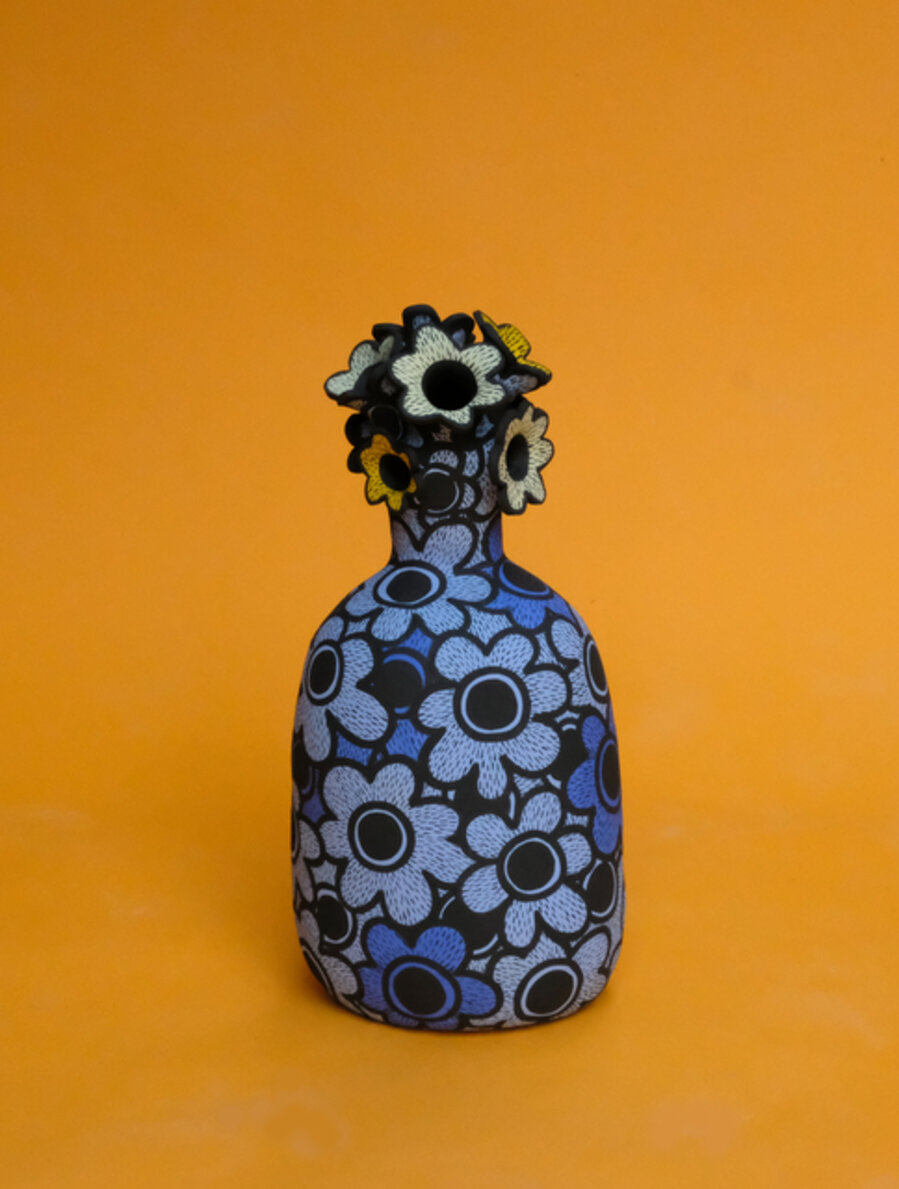 Flowering Vessel in Blue and Yellow Anemones