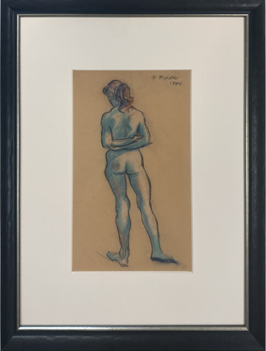 Untitled (drawing in blue of standing female nude, rear view)