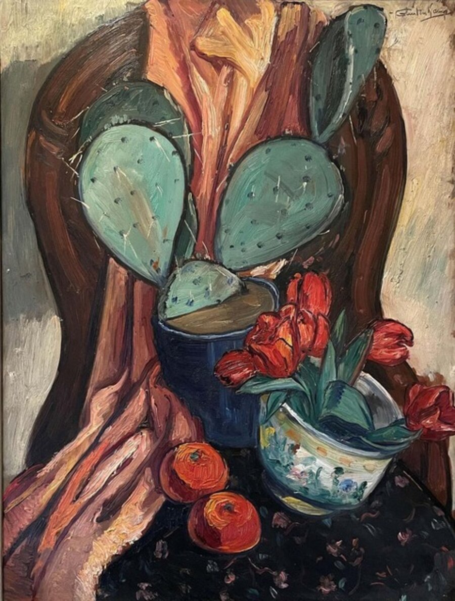 Cactus, Tulips, and Tangerines Still Life