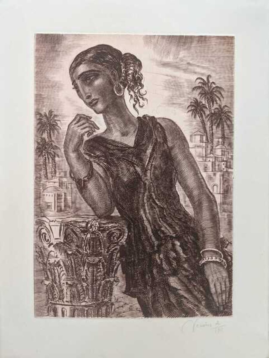 Melancholy woman in classical landscape