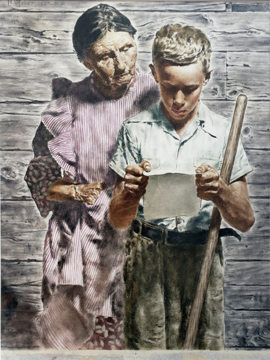 Grand Mother and Grand Son Read Emotional Letter - Like Norman Rockwell