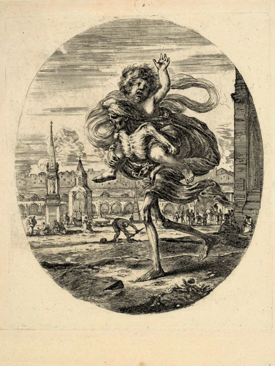Death carrying a child on his back