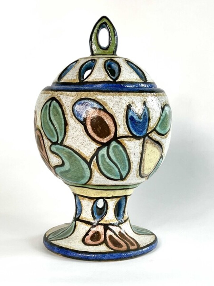 Perforated Covered Vessel with Painted Fruit and Leaf Motifs