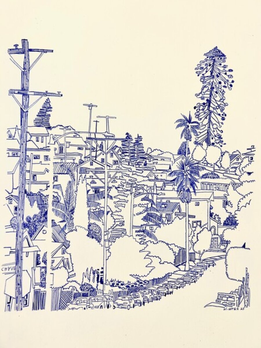 Hillside with El Pino and houses (View from the Evergreen cemetery)