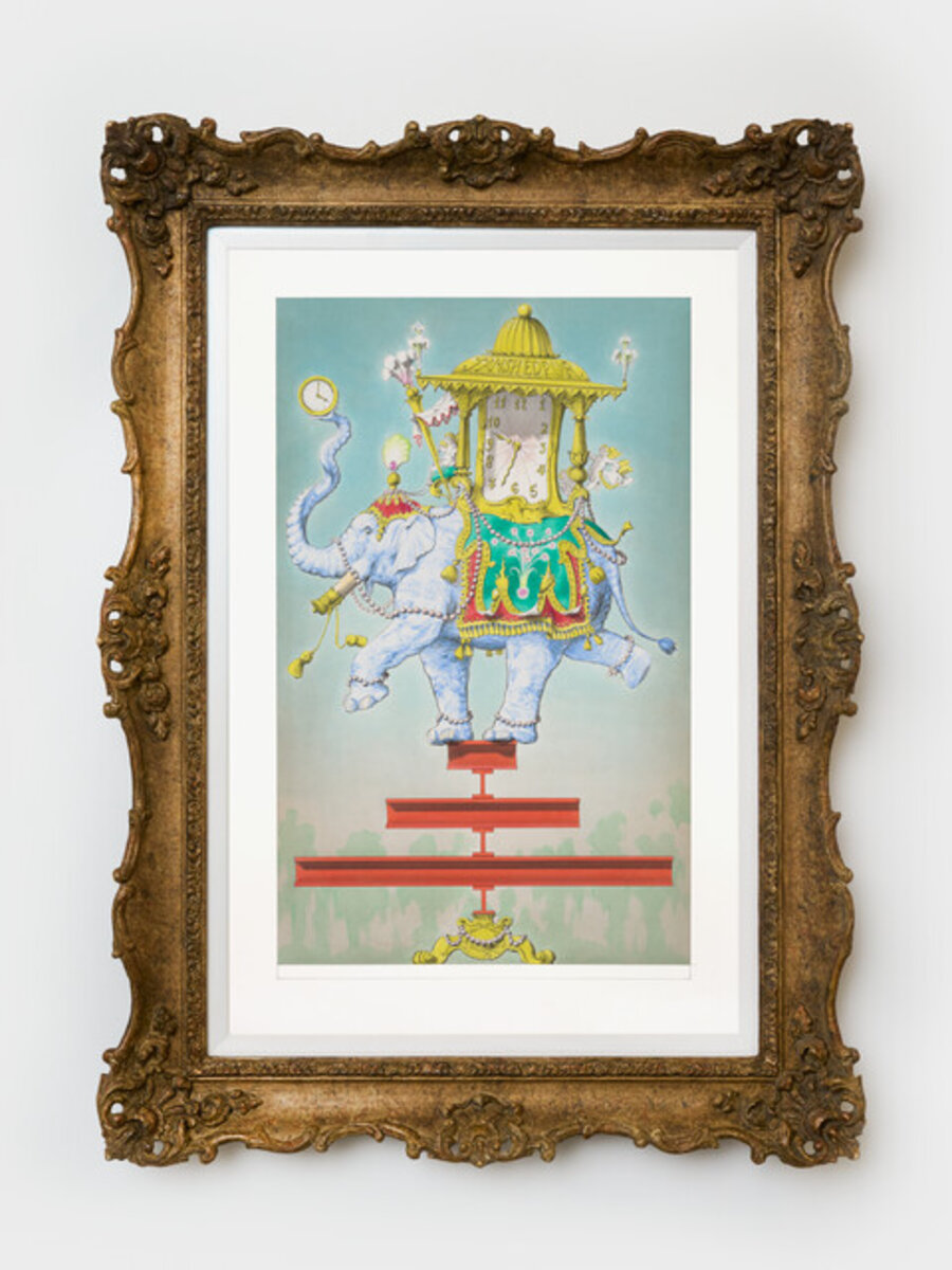 Exhibition Quality Mantle Clock displaying Indian and Greenwich times, celebrating the Triumph of Indian Steel in the style of a Regency Political Cartoon