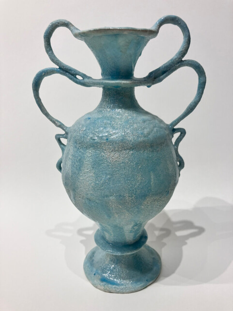 Glossy Blue Double Base Vessel with double Handles