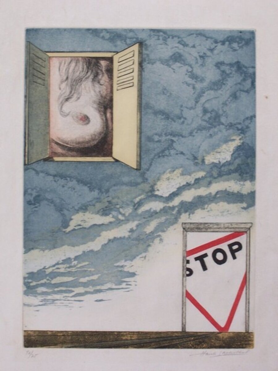 Surrealistic Composition with Woman's Breast and Stop sign