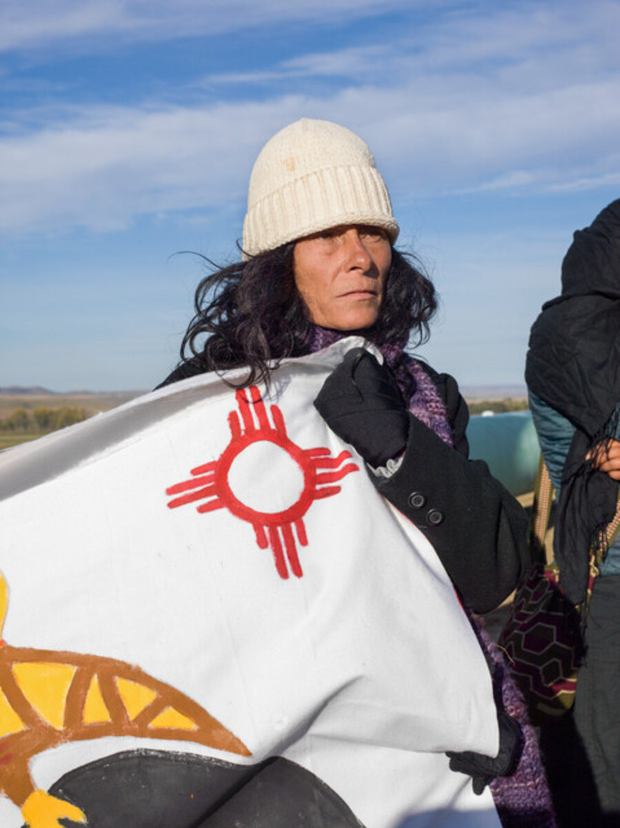 Demonstrating against the construction of a pipeline to transport fracked crude oil near the Standing Rock Sioux reservation, North Dakota
