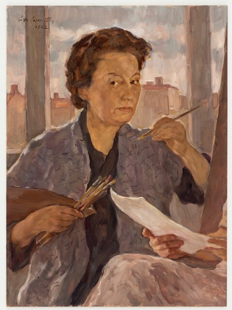 Selbstportrait mit Palette, Pinsel und angeschnittener Figur