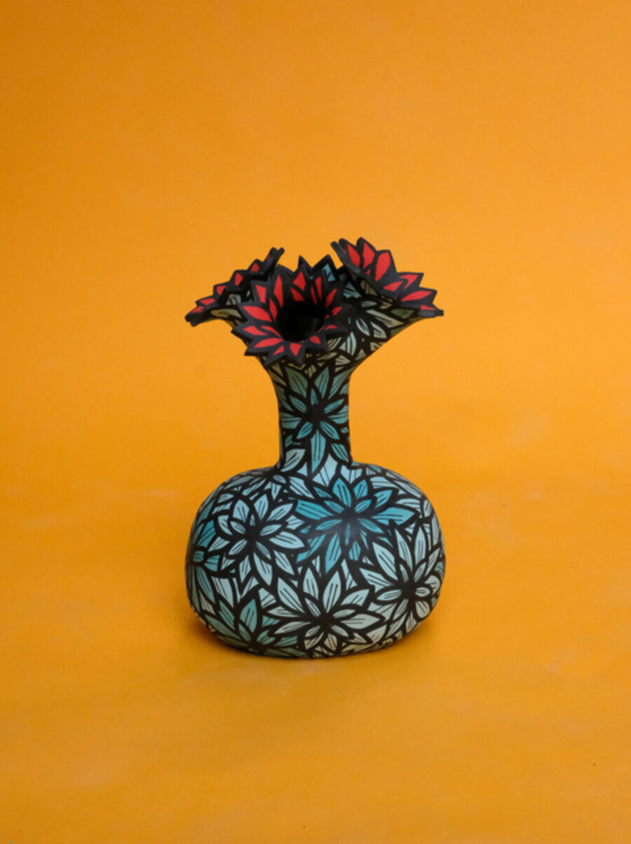 Flowering Vessel in Turquoise Dahlia and Red Petal Bursts