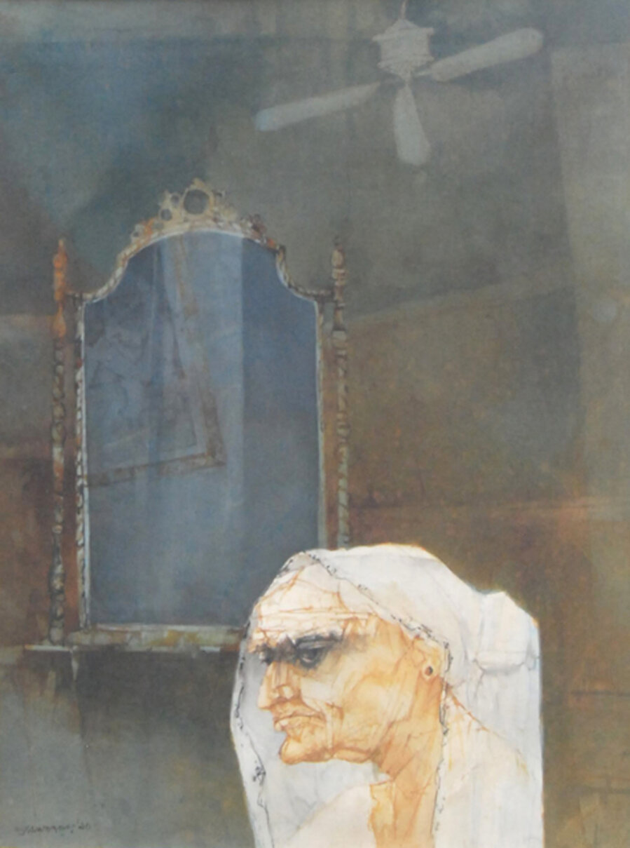 A typical Bengali home; an elderly woman perhaps winding the years, looking in the mirror, wash and watercolor on paper and a brilliant execution of the master modern artist Shyamal Dutta Ray’s favorite medium