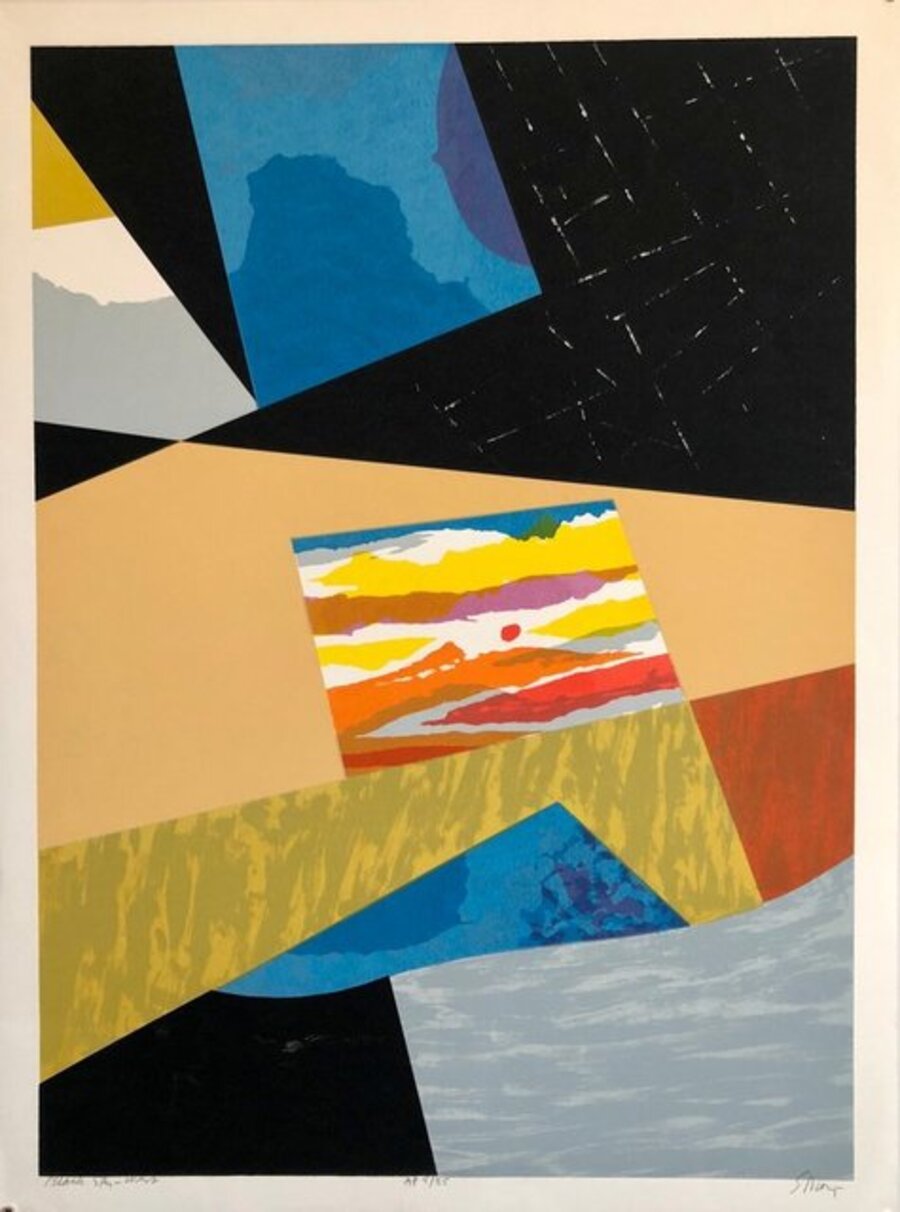 Chinese American Modernist Abstract "Black Sky" Color Lithograph