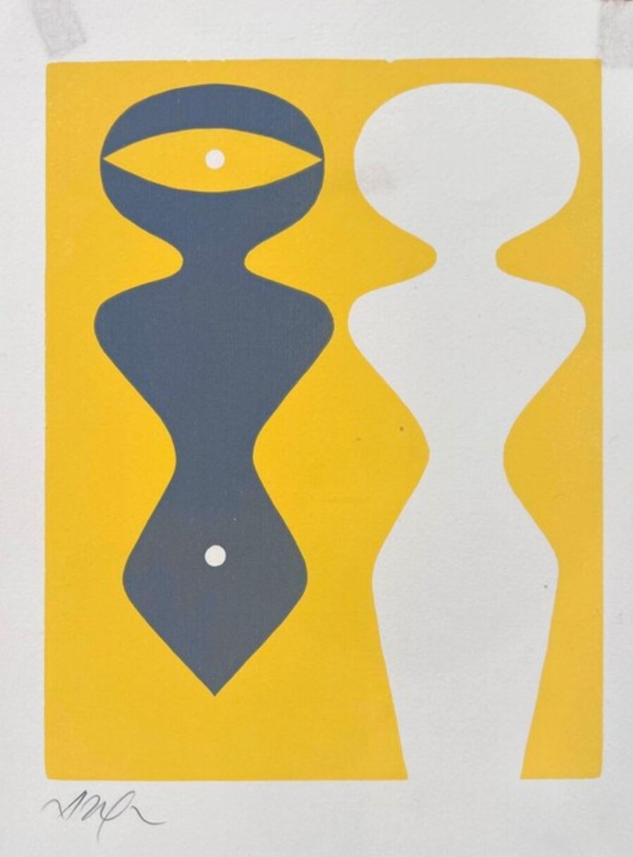 Two figures on a yellow background