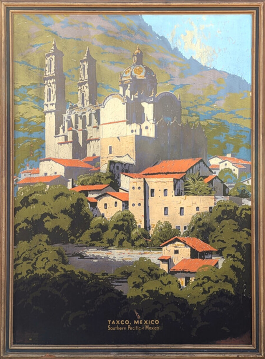 Early Modern Railroad Travel Advertising Serigraph of a Church in Taxco, Mexico