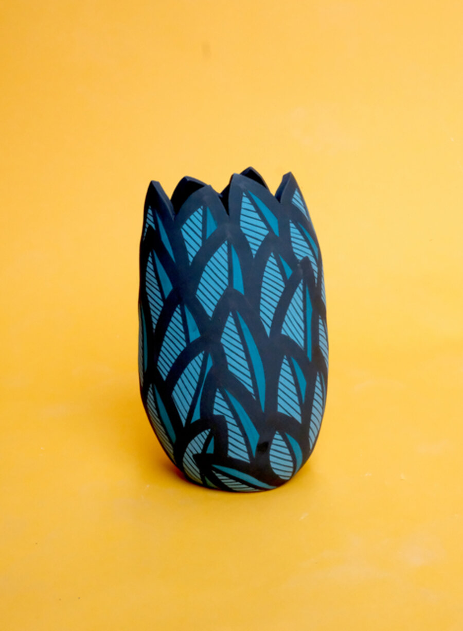 Bush Vessel In Teal Leaf