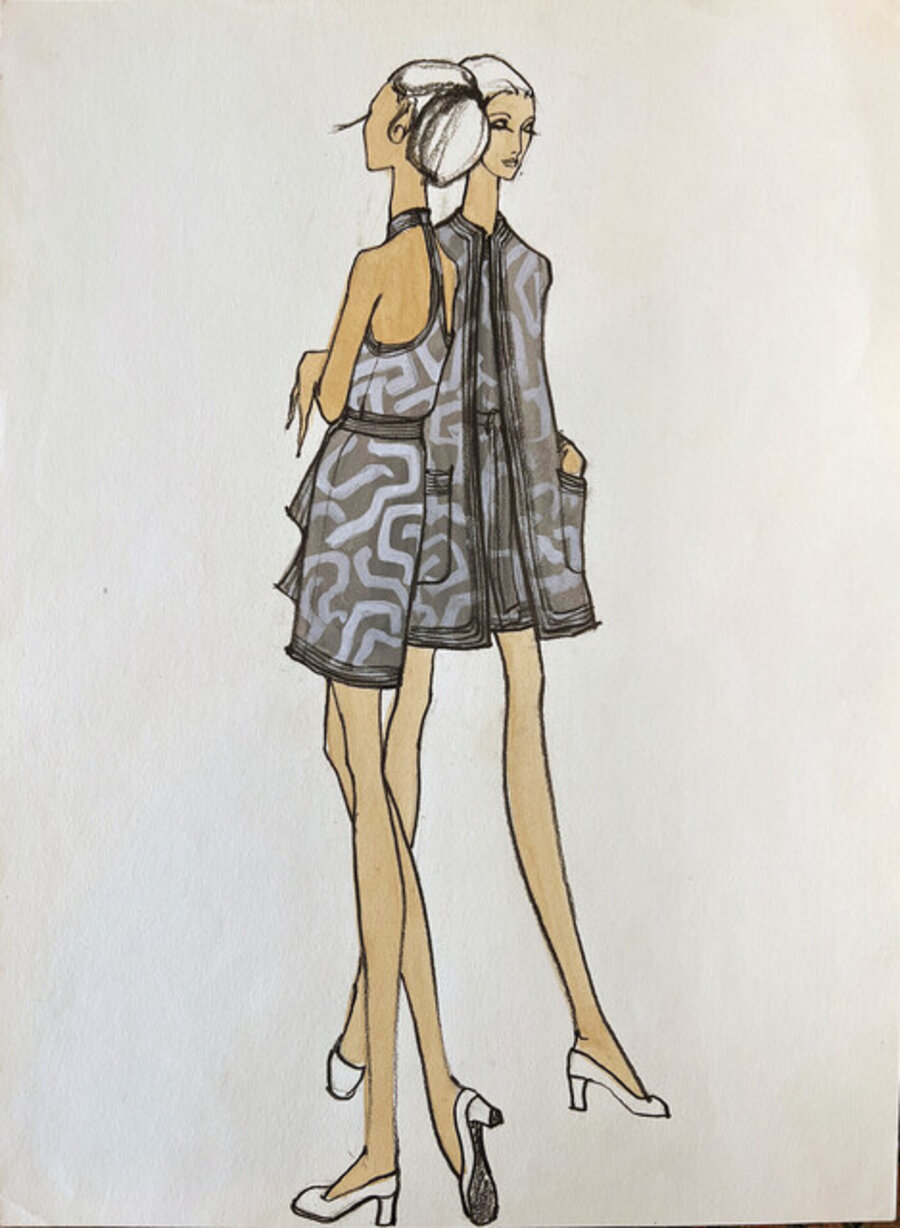 Fashion Illustration with Two Leggy Models in Monochromatic Greys