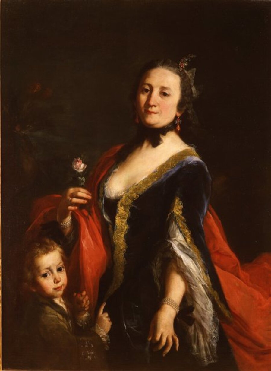 Portrait of a Lady, Three-Quarter Length Standing, Holding a Rose, and a Boy Holding an Apple Beside Her