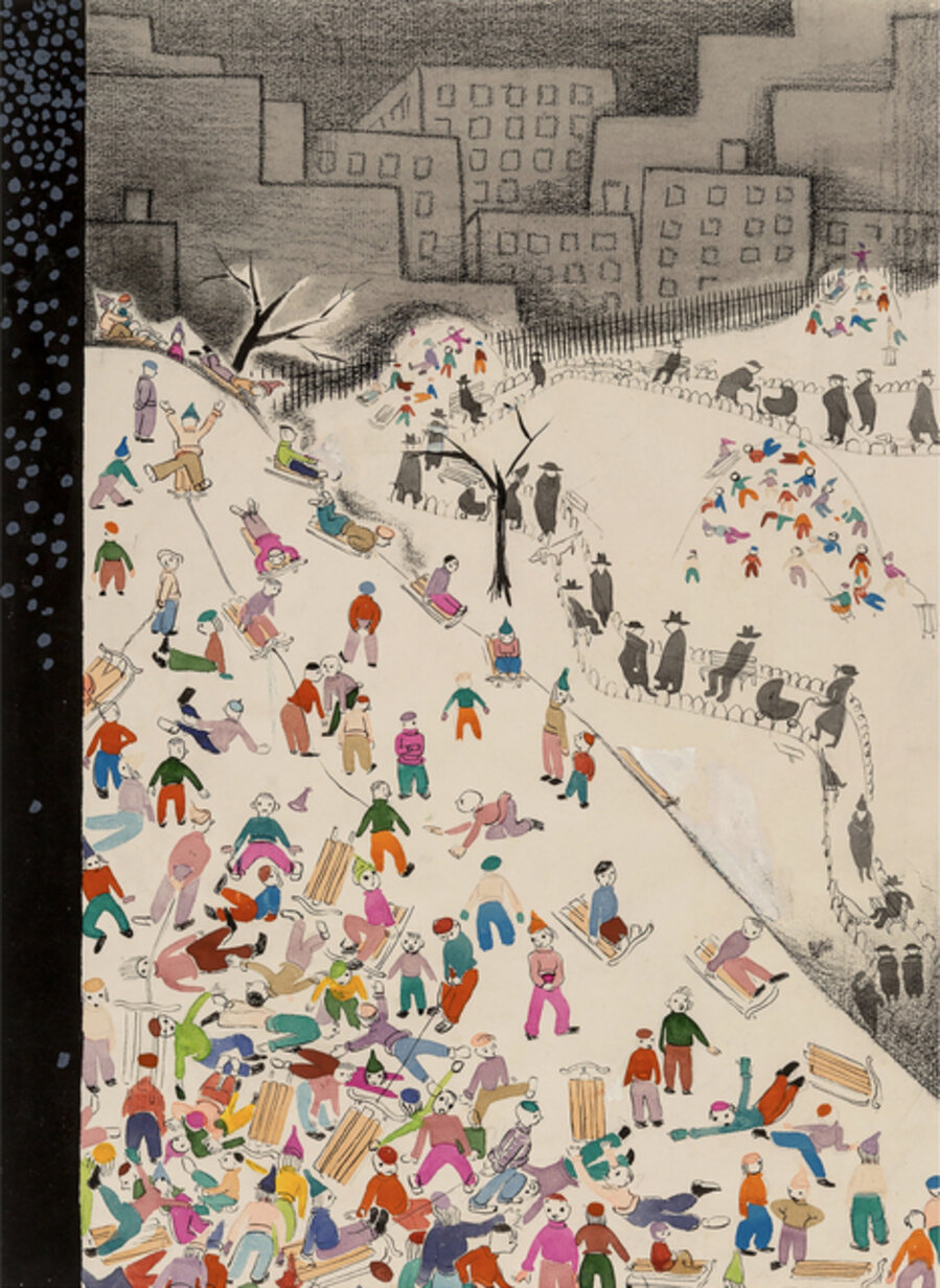 Children Snow Sledding in Central Park - New Yorker Cover Study