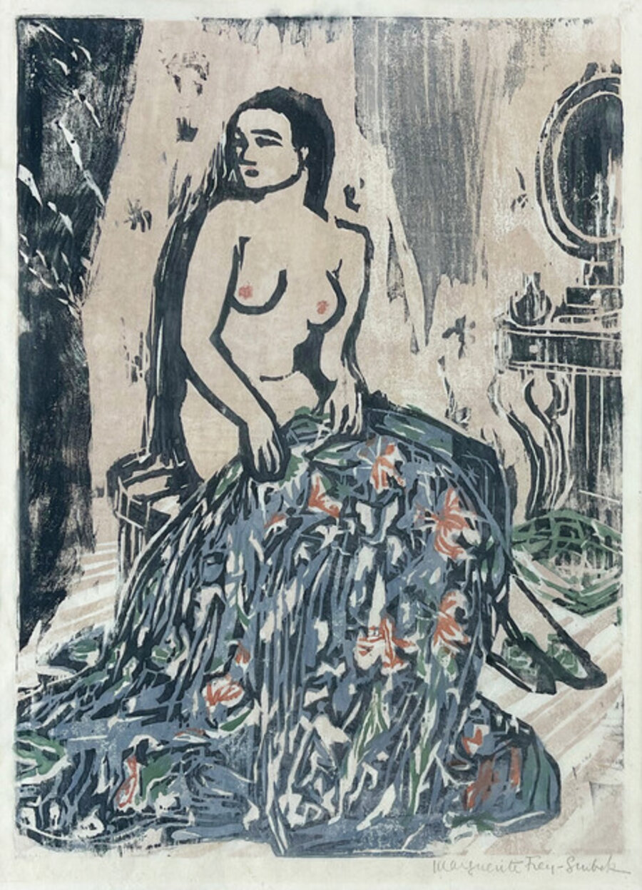 Aktmodell mit Blumendecke (Nude model with floral blanket)