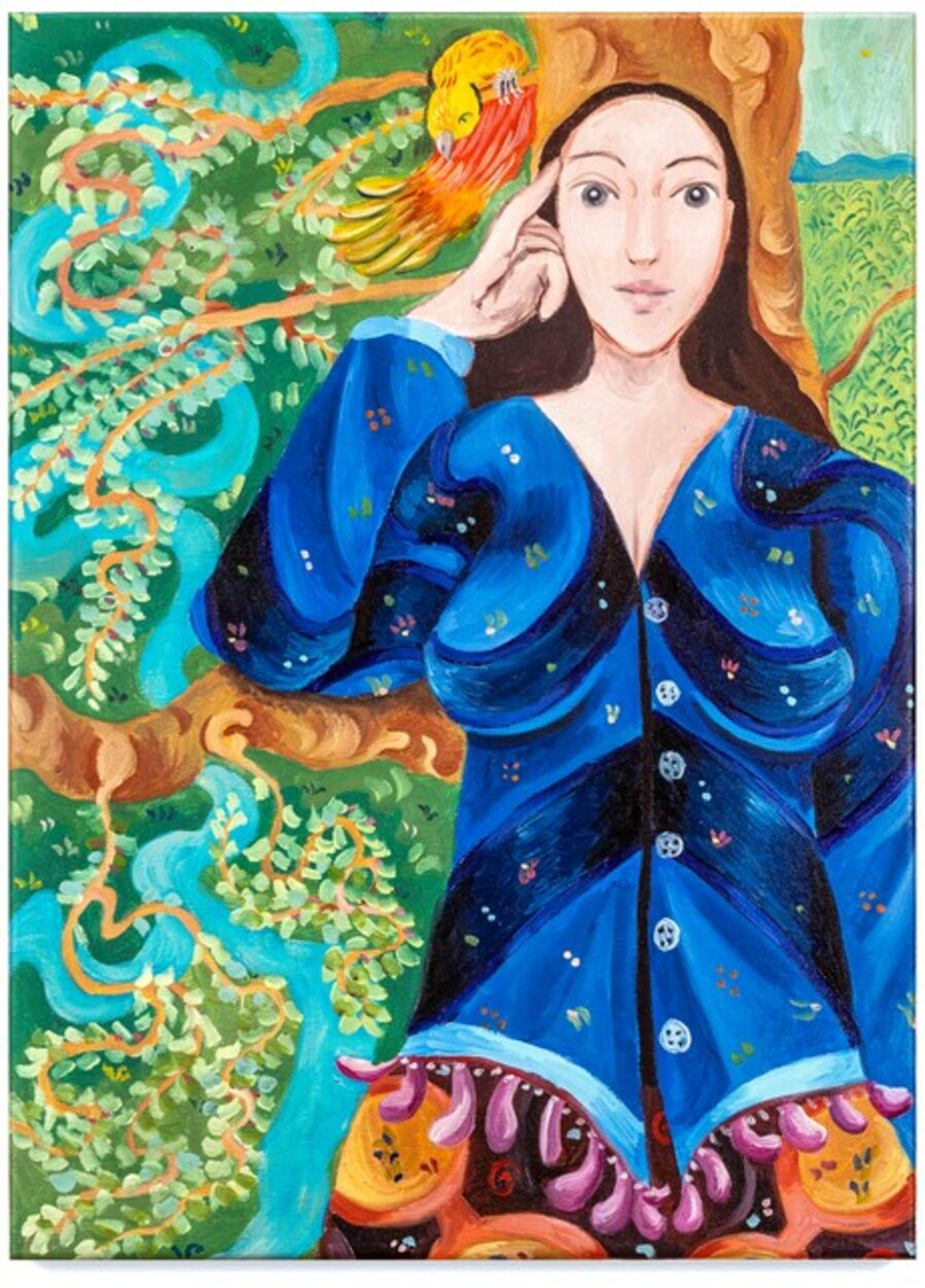 Woman in blue with parrot