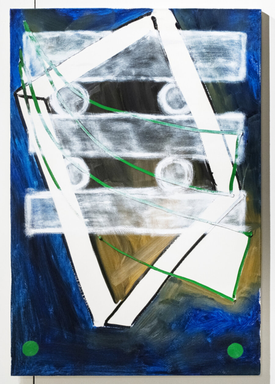 Untitled (white rectangle on blue and orange; green lines, green dots, white rectangles with white circles)