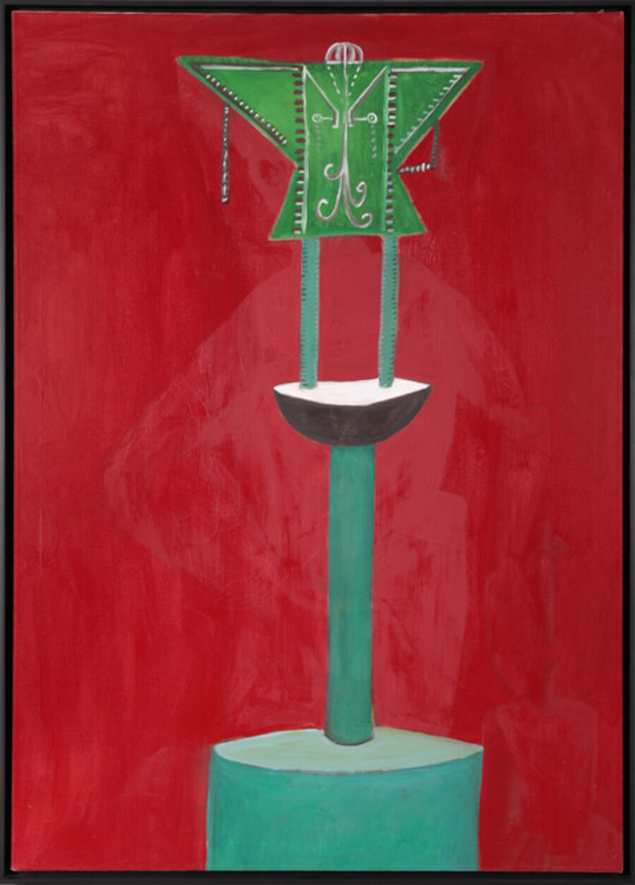 'Untitiled' Unique Red and Green Surrealist Oil Painting