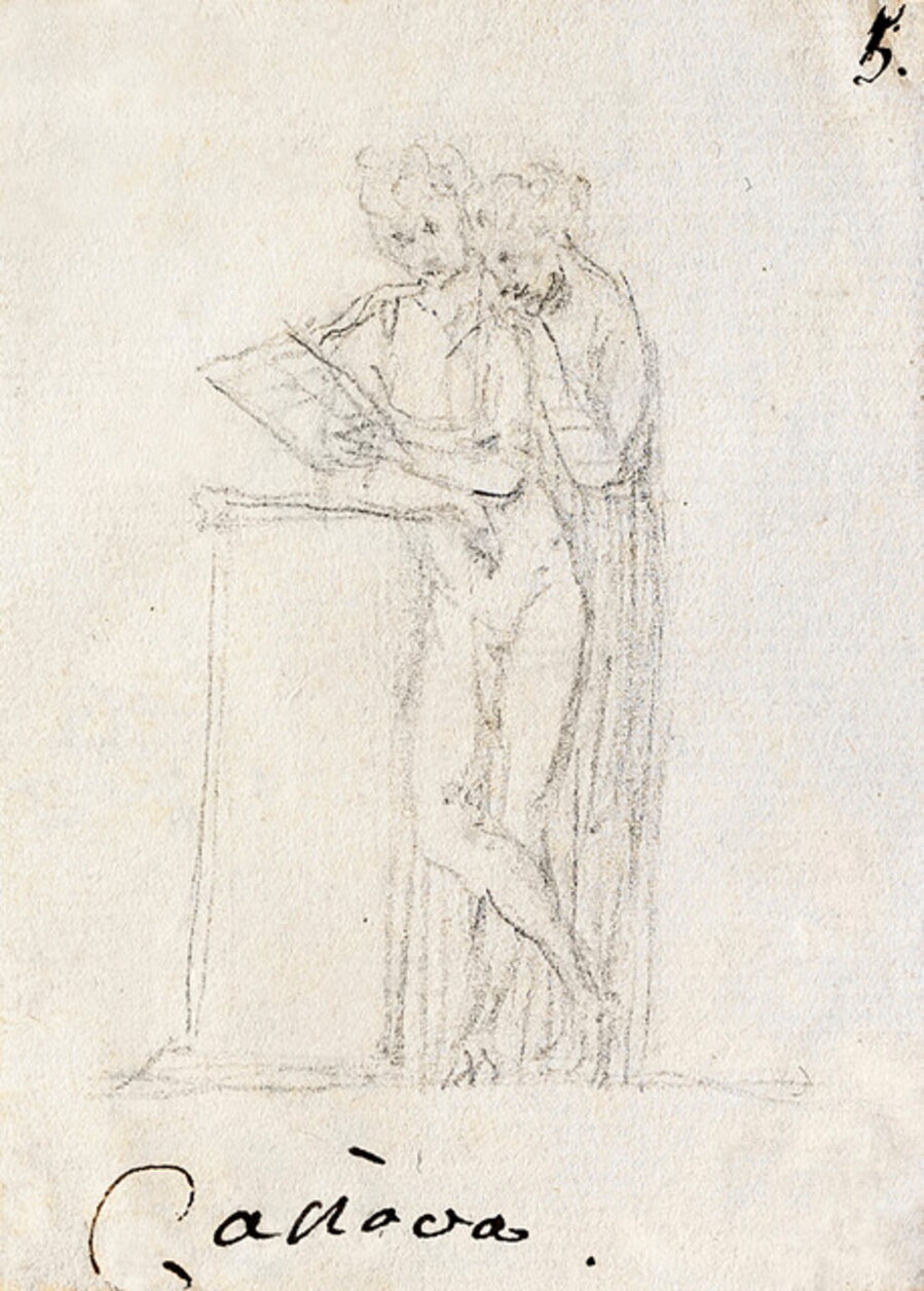 Two female figures standing, embracing as they read.