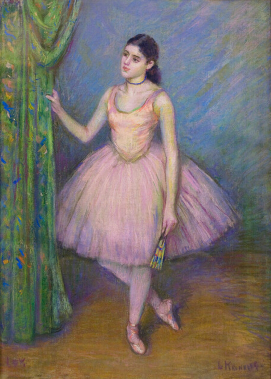 Dancer in Pink in front of Green Curtain