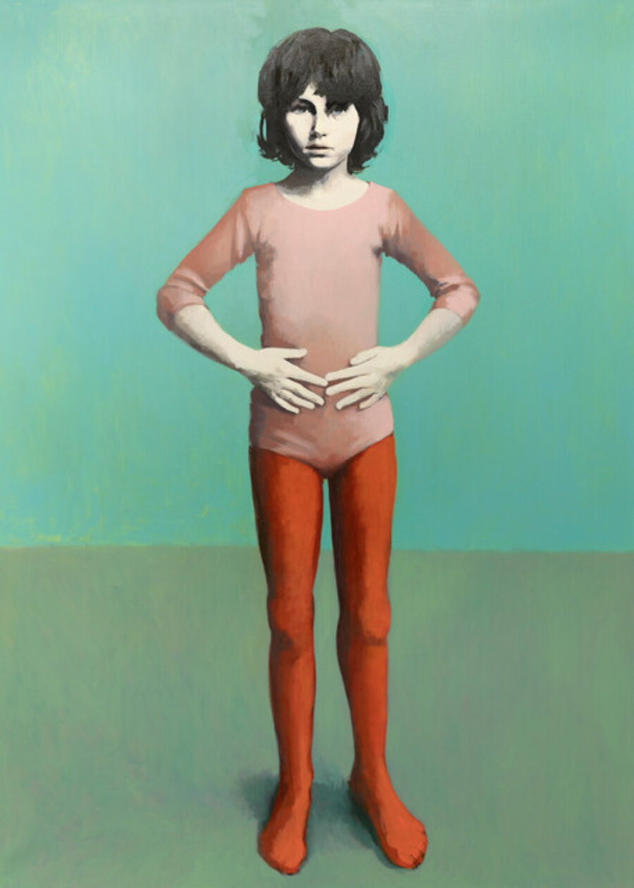 Girl in Pink and red Against Turquoise