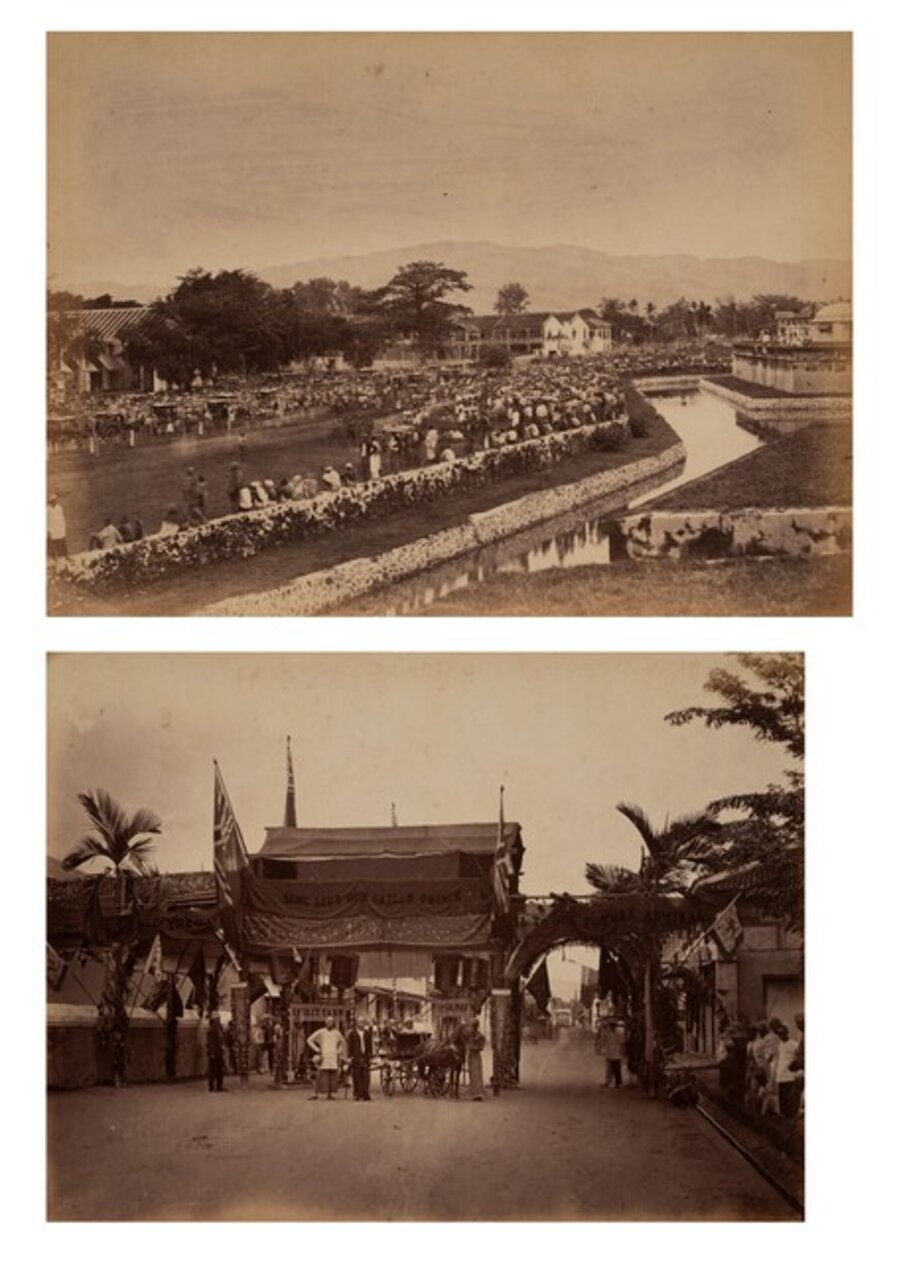 John Thomson (1837 - 1921) - View from the Fort on the landing of the Duke ; Decoration in honour of the Duke, 1880s
