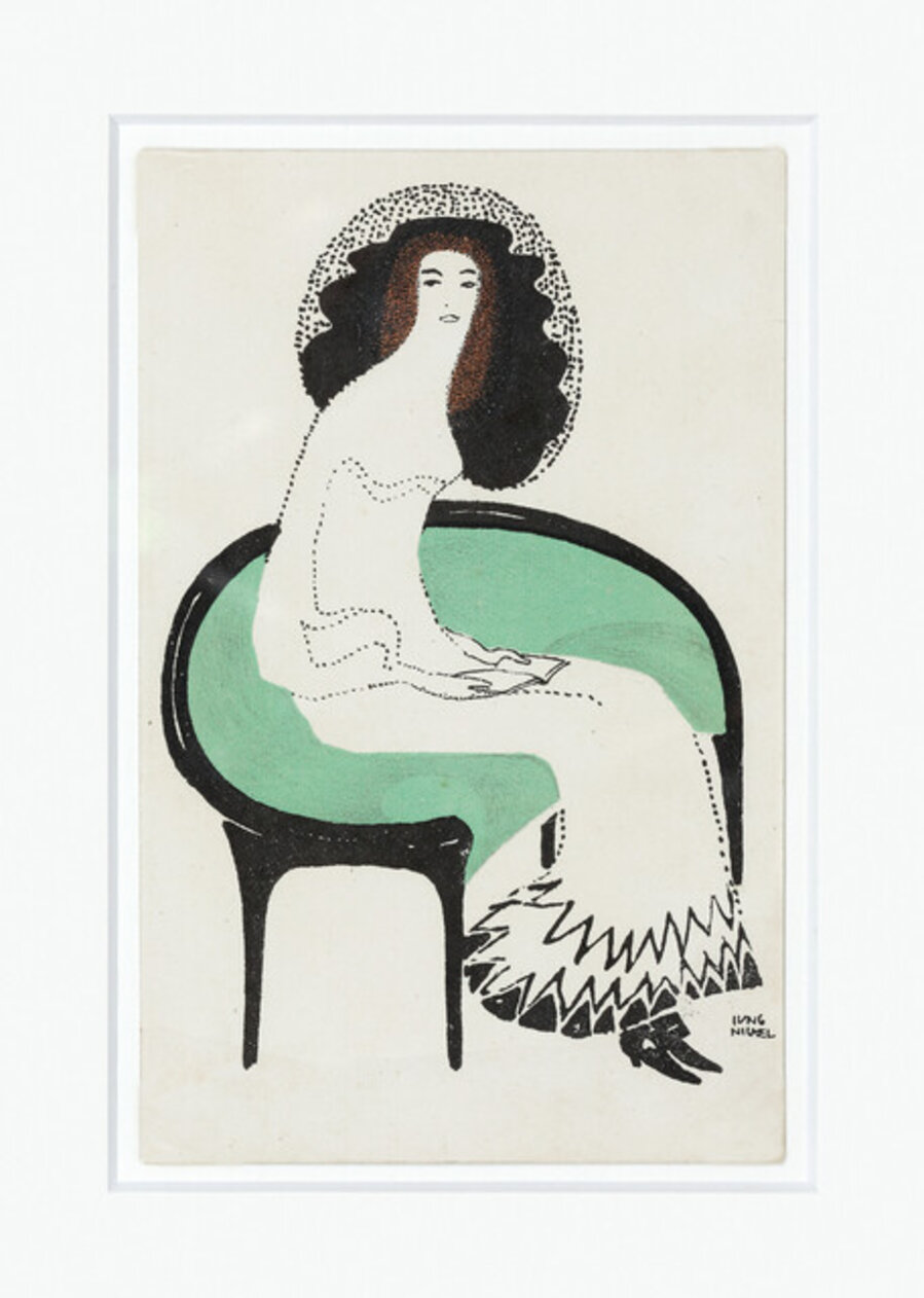Woman on a green couch