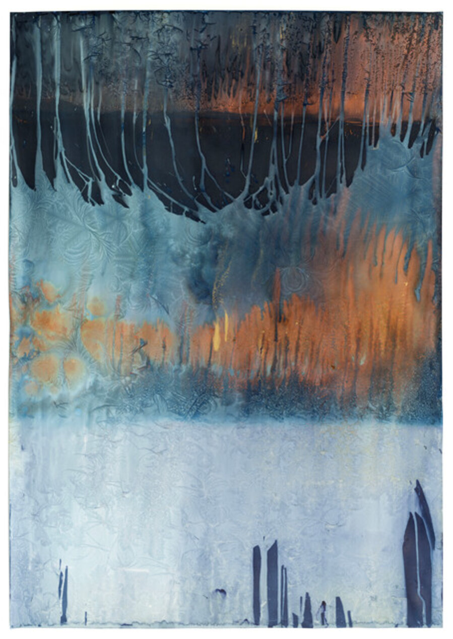 Day 383.5: mushroom spore ink + mica + organic and inorganic pigment + Prussian Blue pigment + falling and freezing water + thrown water + draped