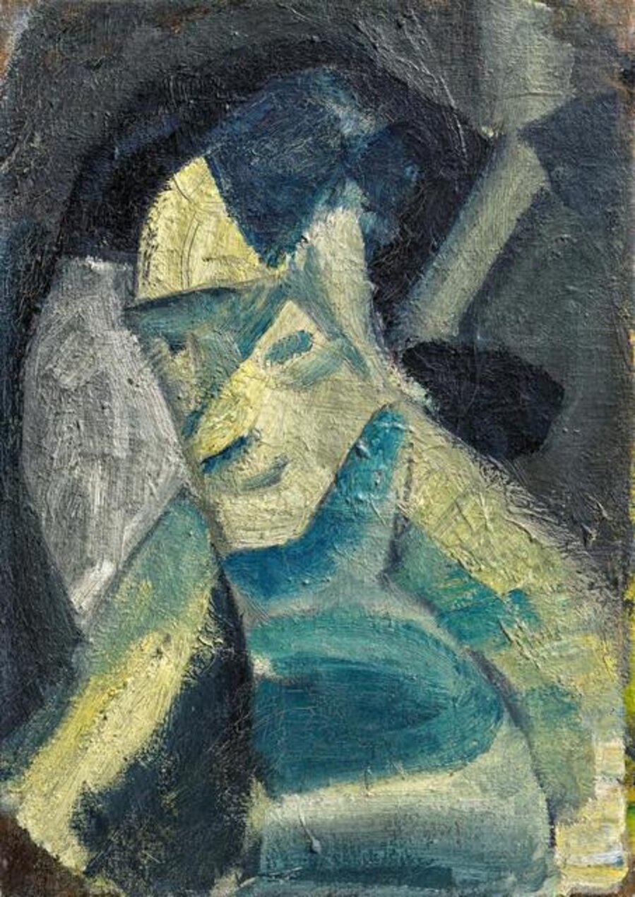 Abstrakter Kopf, grau-blau-gelb