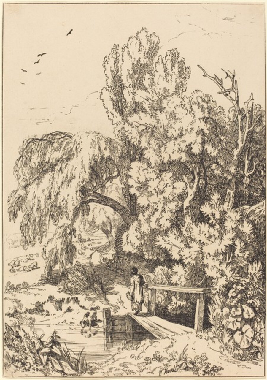Landscape with Trees, Girl Crossing Footbridge