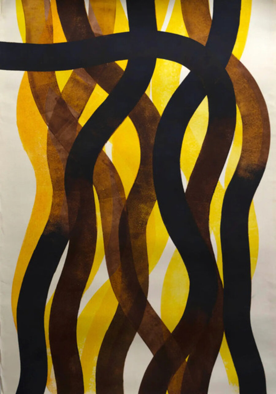 abstract, yellow, black, wavey, painting