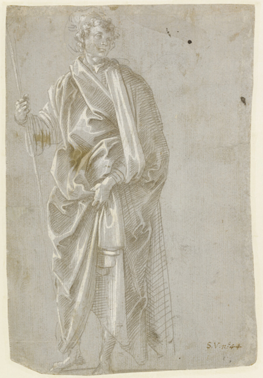 Standing Saint (recto), Studies of Christ at the Column, a Nude from Behind, and Various Figures (verso)