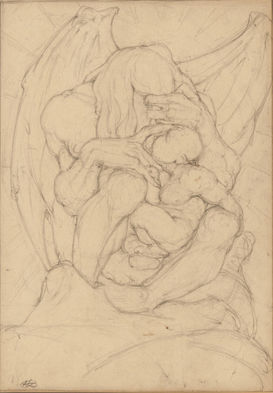 Two Drawings: Winged Creature with Child and Boxing Match